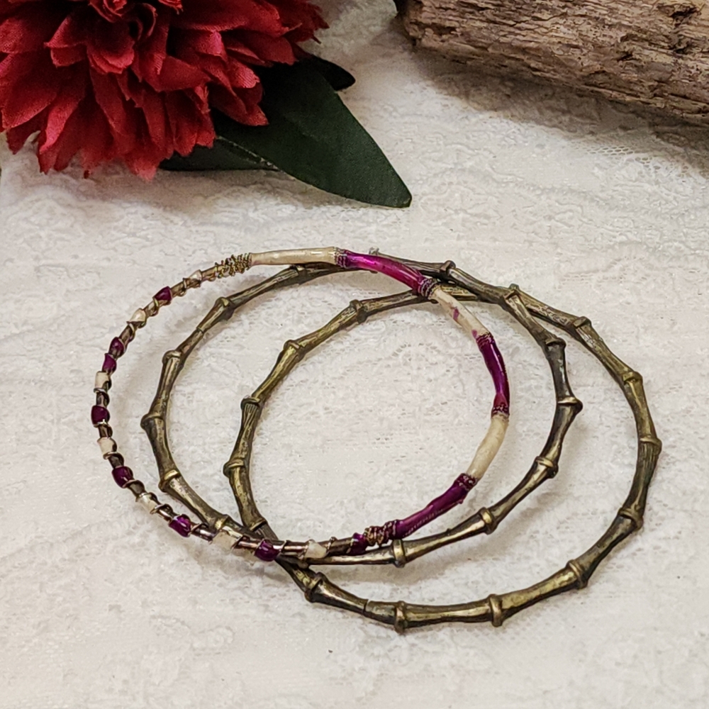 3 Unique Vintage Bangles (1 Wire Wrapped Enamel & 2 Bamboo-Like Metal Bangles)